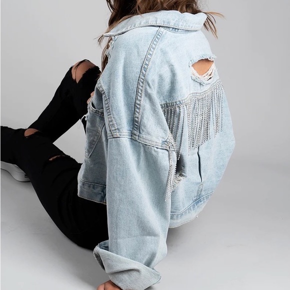 Stylish Light Blue Denim Jacket with Fringe - Picture 3 of 15
